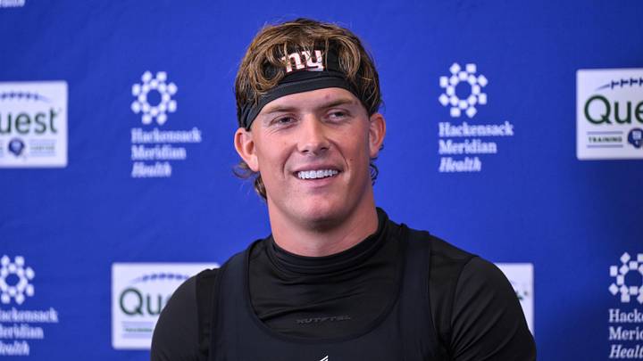 May 21, 2026; East Rutherford, NJ, USA; New York Giants quarterback Jaxson Dart (6) speaks at a press conference during organized team activities at Quest Diagnostics Training Center. Mandatory Credit: John Jones-Imagn Images