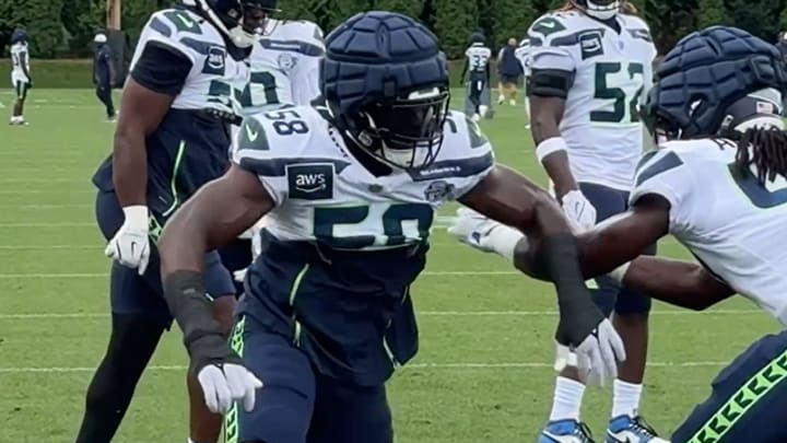 Seattle Seahawks outside linebacker Derick Hall rushes the passer during a drill at training camp.