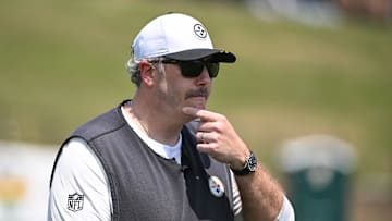 Jul 25, 2025; Pittsburgh, PA, USA; Pittsburgh Steelers offensive coordinator Arthur Smith participates in drills at training camp at Saint Vincent College. Mandatory Credit: Barry Reeger-Imagn Images
