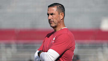 Sep 20, 2025; Madison, Wisconsin, USA;  Wisconsin Badgers head coach Luke Fickell looks on during warm-ups prior to the game against the Maryland Terrapins at Camp Randall Stadium. Mandatory Credit: Jeff Hanisch-Imagn Images
