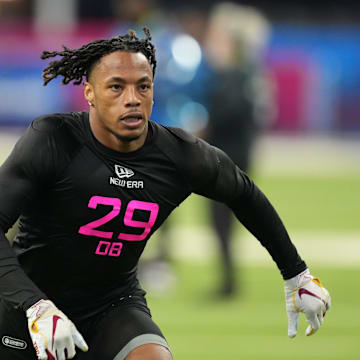 Feb 28, 2025; Indianapolis, IN, USA;  Southern California defensive back Jaylin Smith (DB29) participates in drills during the 2025 NFL Combine at Lucas Oil Stadium. Mandatory Credit: Kirby Lee-Imagn Images