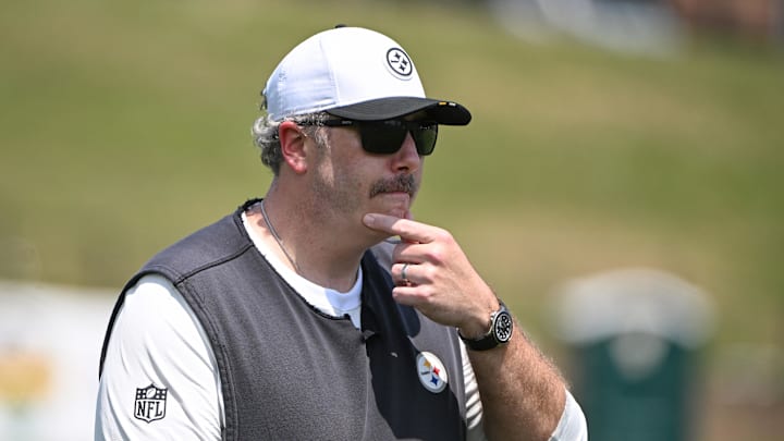 Jul 25, 2025; Pittsburgh, PA, USA; Pittsburgh Steelers offensive coordinator Arthur Smith participates in drills at training camp at Saint Vincent College. Mandatory Credit: Barry Reeger-Imagn Images