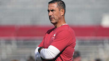 Sep 20, 2025; Madison, Wisconsin, USA;  Wisconsin Badgers head coach Luke Fickell looks on during warm-ups prior to the game against the Maryland Terrapins at Camp Randall Stadium. Mandatory Credit: Jeff Hanisch-Imagn Images