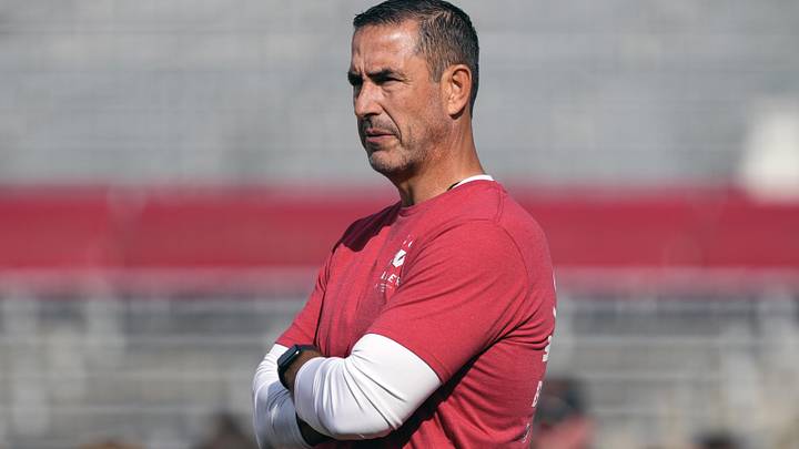 Sep 20, 2025; Madison, Wisconsin, USA;  Wisconsin Badgers head coach Luke Fickell looks on during warm-ups prior to the game against the Maryland Terrapins at Camp Randall Stadium. Mandatory Credit: Jeff Hanisch-Imagn Images