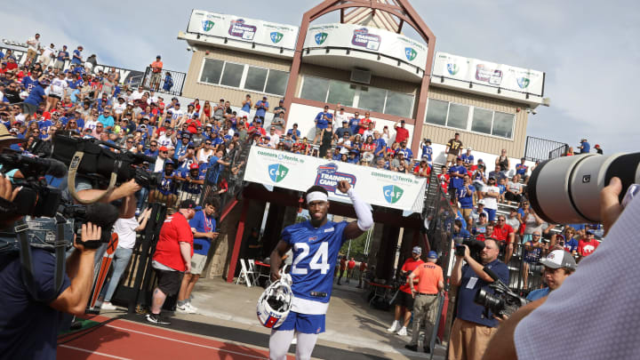 All eyes are on Buffalo first round draft pick Kaiir Elam (24) who pumps his fist as the takes the field on the opening day of the Buffalo Bills training camp at St. John Fisher University in Rochester Sunday, July 24, 2022.

Sd 072422 Bills Camp 2 Spts