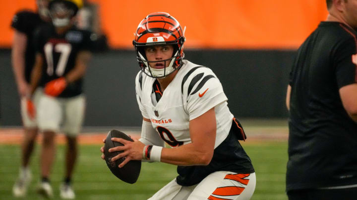 Cincinnati Bengals quarterback Joe Burrow (9) runs a drill during practice at the IEL Indoor Facility in downtown Cincinnati on Wednesday, Aug. 28, 2024.