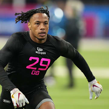 Feb 28, 2025; Indianapolis, IN, USA;  Southern California defensive back Jaylin Smith (DB29) participates in drills during the 2025 NFL Combine at Lucas Oil Stadium. Mandatory Credit: Kirby Lee-Imagn Images