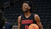 Mar 27, 2024; Boston, MA, USA; San Diego State Aztecs forward Demarshay Johnson Jr. (11) works a drill during a practice day before the semifinals of the East Regional in the 2024 NCAA Tournament at the TD Garden. Mandatory Credit: Brian Fluharty-Imagn Images