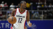 Wizards center Alex Sarr dribbles the ball against the Atlanta Hawks during the second half of a Summer League game at Thomas & Mack Center.