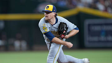 Apr 12, 2025; Phoenix, Arizona, USA; Milwaukee Brewers pitcher Chad Patrick (39) pitches against the Arizona Diamondbacks during the first inning at Chase Field. Mandatory Credit: Joe Camporeale-Imagn Images