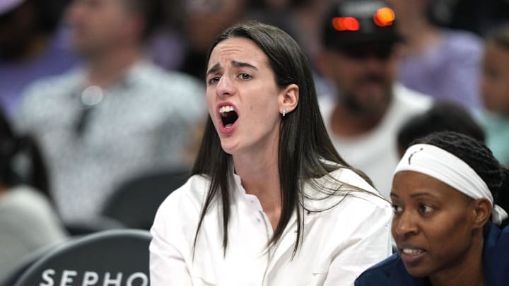 Indiana Fever guard Caitlin Clark (center) yells from the bench during the second quarter against the Golden State Valkyries at Chase Center on Aug. 31