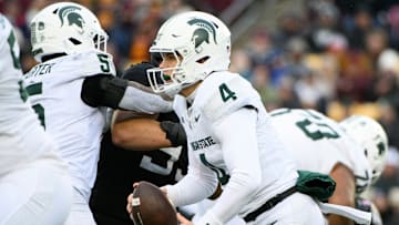 Oct 28, 2023; Michigan State quarterback Sam Leavitt surveys the field during a game against the Minnesota Gophers.