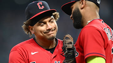 Jun 7, 2023: Cleveland Guardians first baseman Josh Naylor celebrates with shortstop Amed Rosario after a play to end the sixth inning against the Boston Red Sox at Progressive Field. Mandatory 