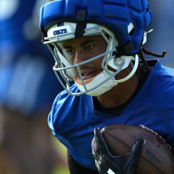 Indianapolis Colts wide receiver Josh Downs (1) runs during the first day of the Indianapolis Colts’ training camp Thursday, July 25, 2024, at Grand Park Sports Complex in Westfield.