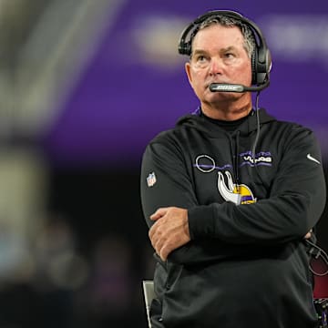 Aug 21, 2021; Minneapolis, Minnesota, USA; Minnesota Vikings head coach Mike Zimmer looks on during the second quarter against the Indianapolis Colts at U.S. Bank Stadium. Mandatory Credit: Brace Hemmelgarn-Imagn Images