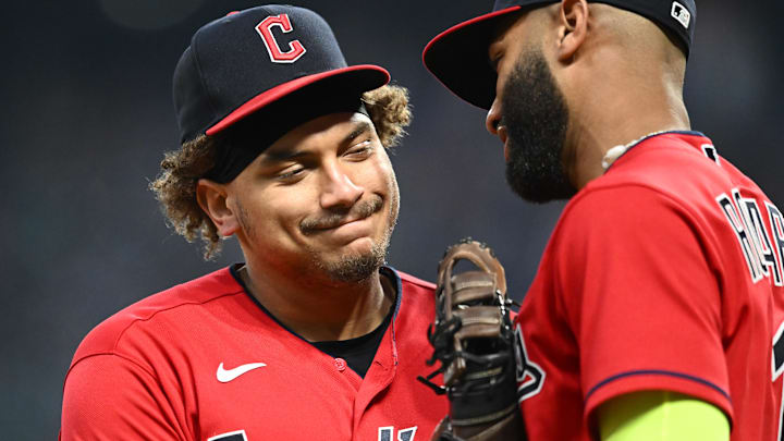 Jun 7, 2023: Cleveland Guardians first baseman Josh Naylor celebrates with shortstop Amed Rosario after a play to end the sixth inning against the Boston Red Sox at Progressive Field. Mandatory 