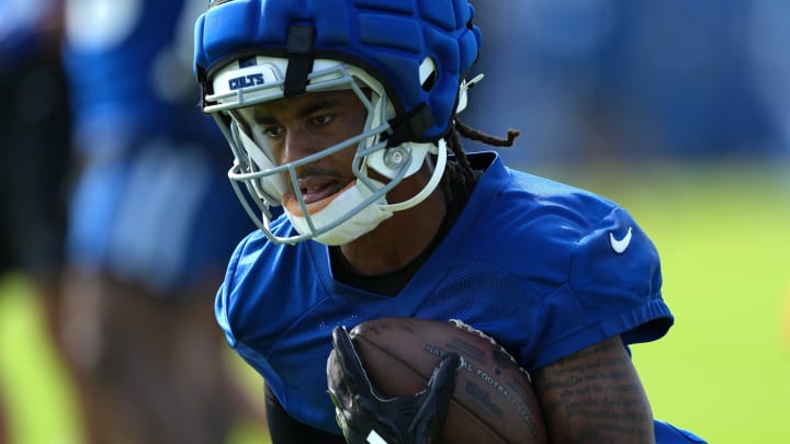 Indianapolis Colts wide receiver Josh Downs (1) runs during the first day of the Indianapolis Colts’ training camp Thursday, July 25, 2024, at Grand Park Sports Complex in Westfield.