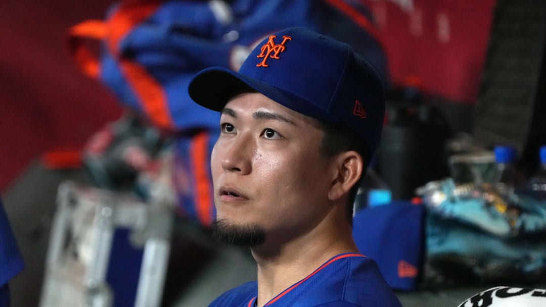 May 7, 2025; Phoenix, Arizona, USA; New York Mets pitcher Kodai Senga (34) sits in the dugout against the Arizona Diamondbacks in the first inning at Chase Field. Mandatory Credit: Rick Scuteri-Imagn Images