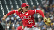 Sep 16, 2025; Milwaukee, Wisconsin, USA; Los Angeles Angels pitcher Caden Dana (36) delivers a pitch against the Milwaukee Brewers in the first inning at American Family Field. Mandatory Credit: Michael McLoone-Imagn Images