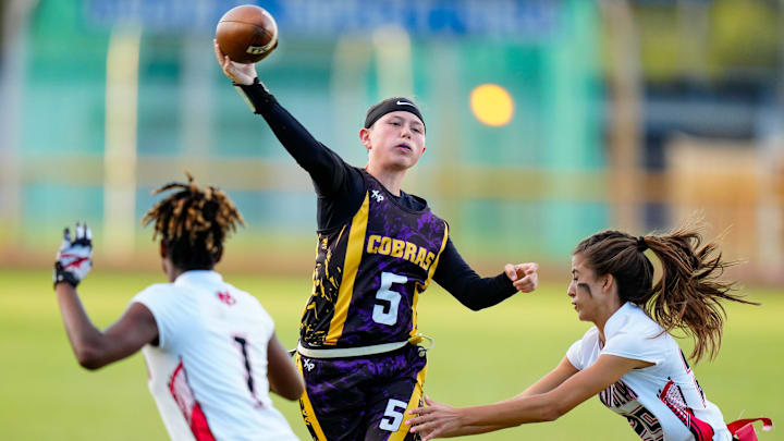 Fort Pierce Central   s Adrienne Rivera (5) throws a pass against Vero Beach in the District 10-2A girls high school flag football championship game on Thursday, April. 20, 2023, at Lawnwood Stadium in Fort Pierce. Fort Pierce Central won 18-0.

Tcn Flag Football District 10 2A Championship