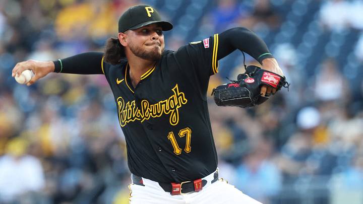 Jul 8, 2026; Pittsburgh, Pennsylvania, USA;  Pittsburgh Pirates starting pitcher Jared Jones (17) delivers a pitch against the Atlanta Braves during the first inning at PNC Park. Mandatory Credit: Charles LeClaire-Imagn Images