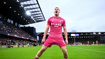 Liam Delap celebrates against Fulham last weekend 
