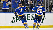 Mar 16, 2025; St. Louis, Missouri, USA;  St. Louis Blues right wing Mathieu Joseph (71) is congratulated by defenseman Ryan Suter (22) after scoring against the Anaheim Ducks during the second period at Enterprise Center. Mandatory Credit: Jeff Curry-Imagn Images