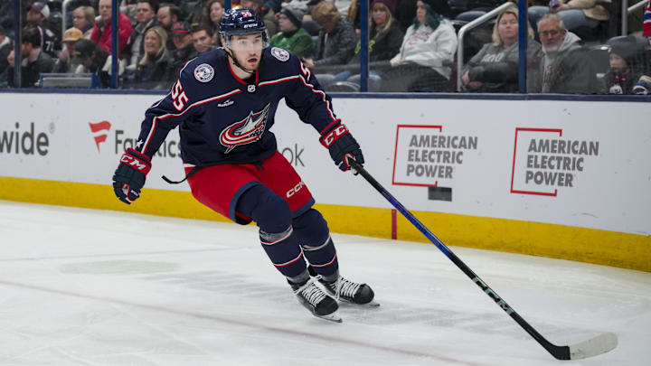 Nov 29, 2023; Columbus, Ohio, USA;  Columbus Blue Jackets defenseman David Jiricek (55) skates after the puck in the game against the Montreal Canadiens in the first period at Nationwide Arena. Mandatory Credit: Aaron Doster-Imagn Images