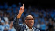 Nov 15, 2024; Chapel Hill, North Carolina, USA; North Carolina Tar Heels head coach Hubert Davis reacts in the first half at Dean E. Smith Center. Mandatory Credit: Bob Donnan-Imagn Images