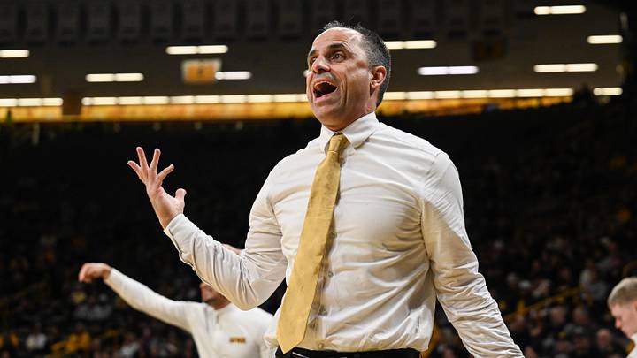 Jan 20, 2026; Iowa City, Iowa, USA; Iowa Hawkeyes head coach Ben McCollum reacts during the first half against the Rutgers Scarlet Knights at Carver-Hawkeye Arena. Mandatory Credit: Jeffrey Becker-Imagn Images