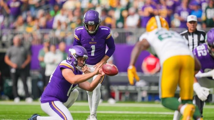 Greg Joseph, shown kicking against the Packers, is trying to beat out incumbent kicker Anders Carlson.