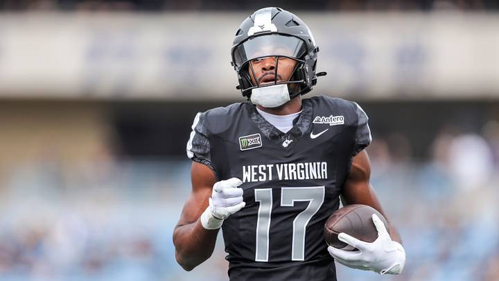 Oct 10, 2026; Morgantown, West Virginia, USA;  West Virginia Mountaineers wide receiver Prince Strachan (17) celebrates a first down during the first quarter against the Arizona Wildcats at Milan Puskar Stadium.  Mandatory Credit: Ben Queen-Imagn Images