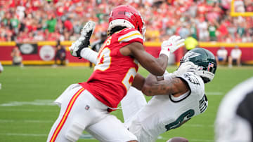 Sep 14, 2025; Kansas City, Missouri, USA; Philadelphia Eagles wide receiver DeVonta Smith (6) is unable to make a reception defended by Kansas City Chiefs cornerback Nohl Williams (20) during the third quarter of the game at GEHA Field at Arrowhead Stadium. Mandatory Credit: Denny Medley-Imagn Images