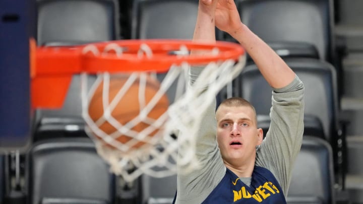 May 31, 2023; Denver, CO, USA; Denver Nuggets center Nikola Jokic (15) watches a shot during a practice session on media day before the 2023 NBA Finals at Ball Arena. Mandatory Credit: Kyle Terada-USA TODAY Sports