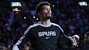 Dec 31, 2024; San Antonio, Texas, USA; San Antonio Spurs center Victor Wembanyama (1) in introduced before the game against the LA Clippers at Frost Bank Center.