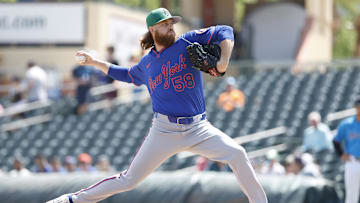 Mar 17, 2025; Jupiter, Florida, USA;  New York Mets starting pitcher Paul Blackburn (58) pitches against the Miami Marlins during the first inning at Roger Dean Chevrolet Stadium. Mandatory Credit: Rhona Wise-Imagn Images