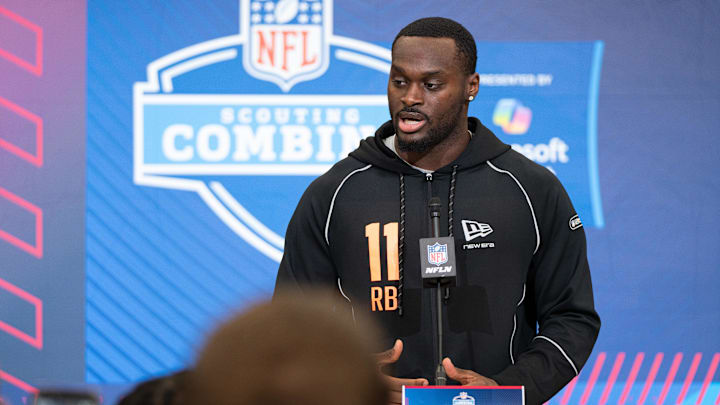 Feb 27, 2026; Indianapolis, IN, USA; Notre Dame running back Jeremiyah Love (RB11) speaks to members of the media during the NFL Combine at the Indiana Convention Center. Mandatory Credit: Jacob Musselman-Imagn Images