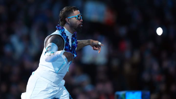 Apr 6, 2024; Philadelphia, PA, USA; Jimmy Uso (white attire) and Jey Uso (red attire) during Wrestlemania XL Saturday at Lincoln Financial Field. Mandatory Credit: Joe Camporeale-USA TODAY Sports