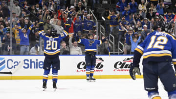 Apr 1, 2024; St. Louis, Missouri, USA; St. Louis Blues center Brayden Schenn (10) 