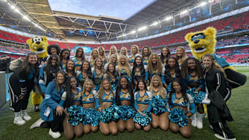 Oct 20, 2024; London, United Kingdom; The Jacksonville Jaguars cheer team after the game against the New England Patriots during an NFL International Series game at Wembley Stadium. Mandatory Credit: Peter van den Berg-Imagn Images