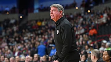 Mar 28, 2025; Spokane, WA, USA; NC State Wolfpack head coach Wes Moore reacts after a play against the LSU Lady Tigers during the Sweet 16 NCAA Tournament basketball game at Spokane Arena. Mandatory Credit: James Snook-Imagn Images