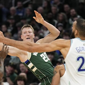 Feb 8, 2024; Milwaukee, Wisconsin, USA;  Milwaukee Bucks guard AJ Green (20) passes the ball towards forward Thanasis Antetokounmpo (43) during the fourth quarter against the Minnesota Timberwolves at Fiserv Forum. Mandatory Credit: Jeff Hanisch-Imagn Images