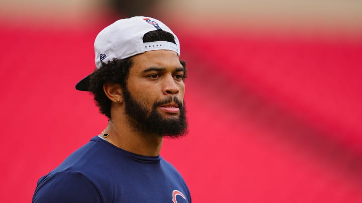 Aug 22, 2024; Kansas City, Missouri, USA; Chicago Bears quarterback Caleb Williams (18) warms up prior to a game against the Kansas City Chiefs at GEHA Field at Arrowhead Stadium.