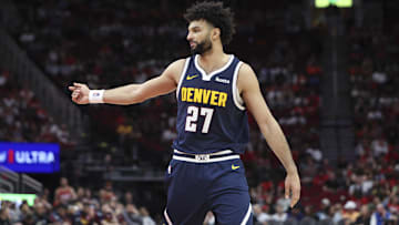 Mar 23, 2025; Houston, Texas, USA; Denver Nuggets guard Jamal Murray (27) reacts during the game against the Houston Rockets at Toyota Center. 