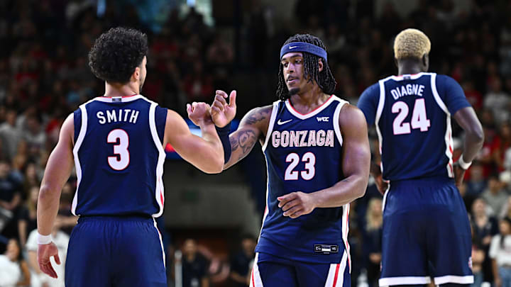 Oct 4, 2025; Spokane, WA, USA; Gonzaga Bulldogs guards Braeden Smith (3) and Adam Miller (23) fist bump during Numerica Kraziness in the Kennel at the McCarthey Athletic Center. 