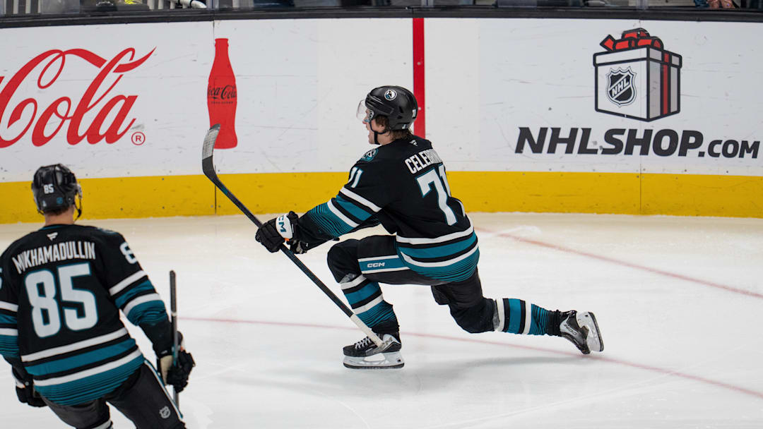 Dec 16, 2025; San Jose, California, USA; San Jose Sharks center Macklin Celebrini (71) celebrates after the goal against the Calgary Flames during the third period at SAP Center at San Jose. Mandatory Credit: Neville E. Guard-Imagn Images