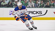 May 29, 2025; Dallas, Texas, USA; Edmonton Oilers left wing Evander Kane (91) in action during the game between the Dallas Stars and the Edmonton Oilers in game five of the Western Conference Final of the 2025 Stanley Cup Playoffs at American Airlines Center. Mandatory Credit: Jerome Miron-Imagn Images