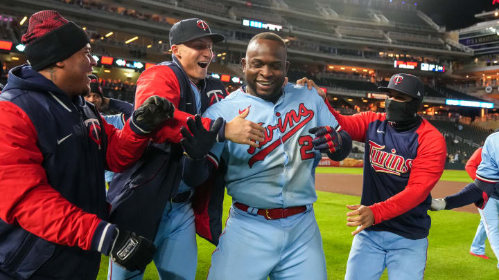 Minnesota Twins DH Miguel Sano celebrates with teammates after driving in the game winning run on Tuesday, April 26 vs. the Detroit Tigers.