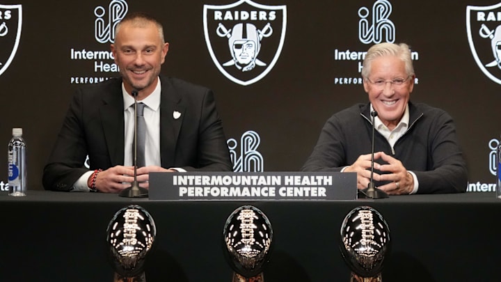 Jan 27, 2025; Las Vegas, NV, USA; Las Vegas Raiders general manager John Spytek (left) and coach Pete Carroll at press conference at Intermountain Health Performance Center. Mandatory Credit: Kirby Lee-Imagn Images Jan 27, 2025; Las Vegas, NV, USA; Las Vegas Raiders general manager John Spytek (left) and coach Pete Carroll at press conference at Intermountain Health Performance Center. Mandatory Credit: Kirby Lee-Imagn Images