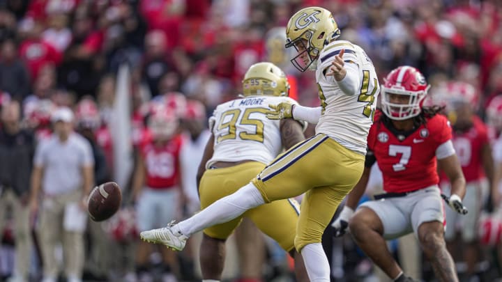 Nov 26, 2022; Athens, Georgia, USA; Georgia Tech Yellow Jackets punter David Shanahan (43) punts the ball against the Georgia Bulldogs during the second half at Sanford Stadium. Mandatory Credit: Dale Zanine-USA TODAY Sports